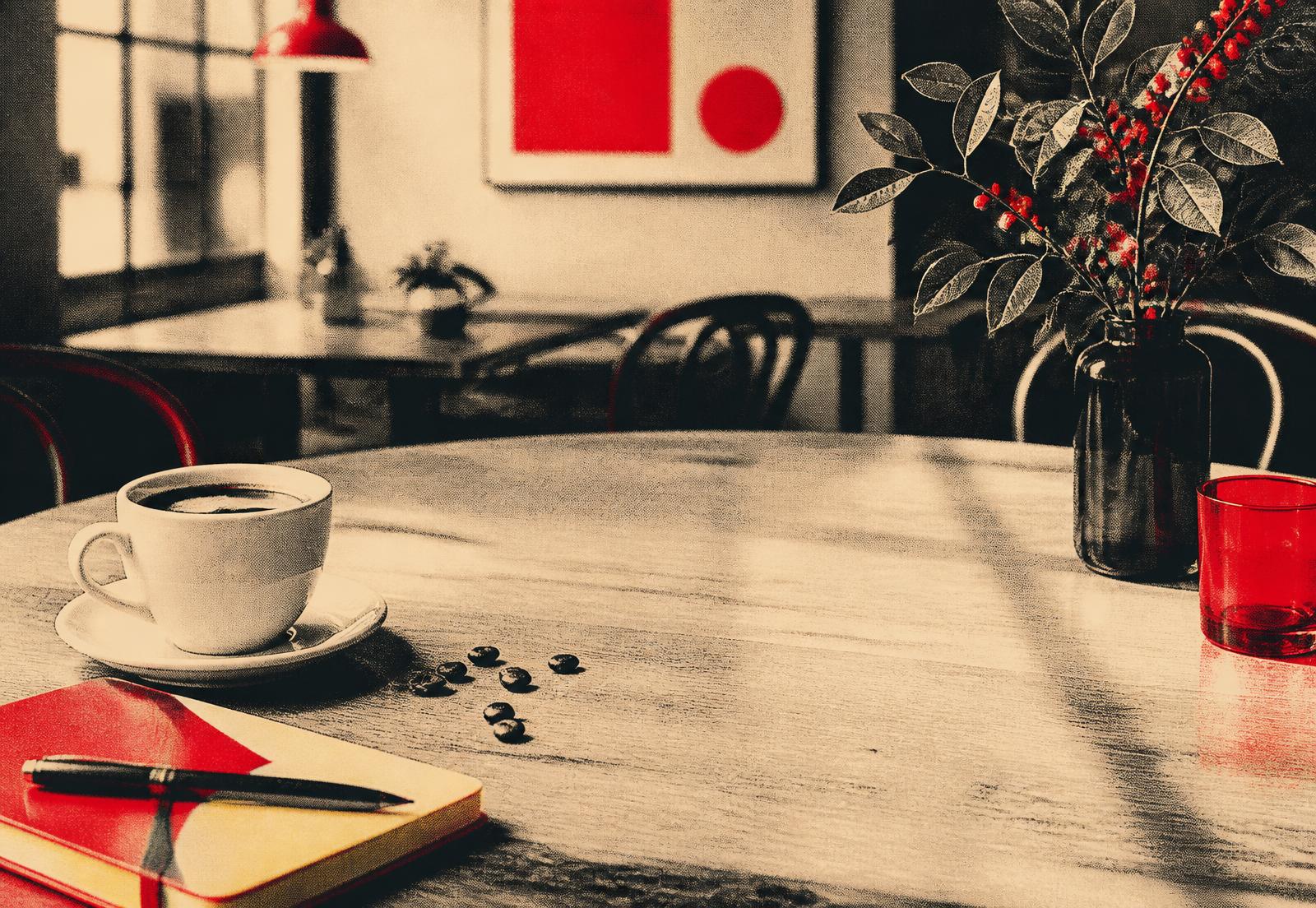 Stylised cafe table with coffee, notebook and morning light